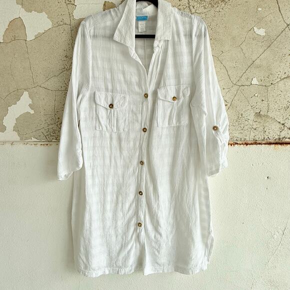 Dotti Shirt Dress Cotton Gauze Beach Cover Up White Button Front Large Coastal - Picture 6 of 8